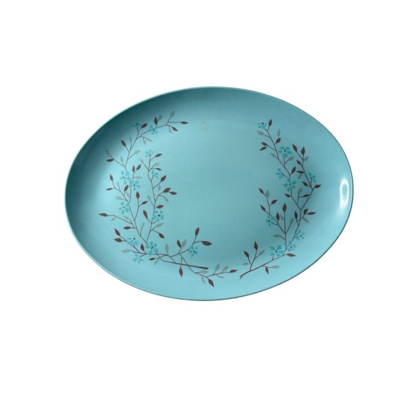 Other - VTG Melamine Turquoise Blue Floral Oval Serving Platter Mid Century Modern